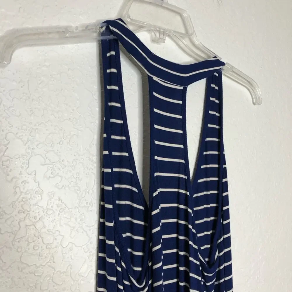 Athleta blue white striped ruched skirt racerback tank midi dress size Medium